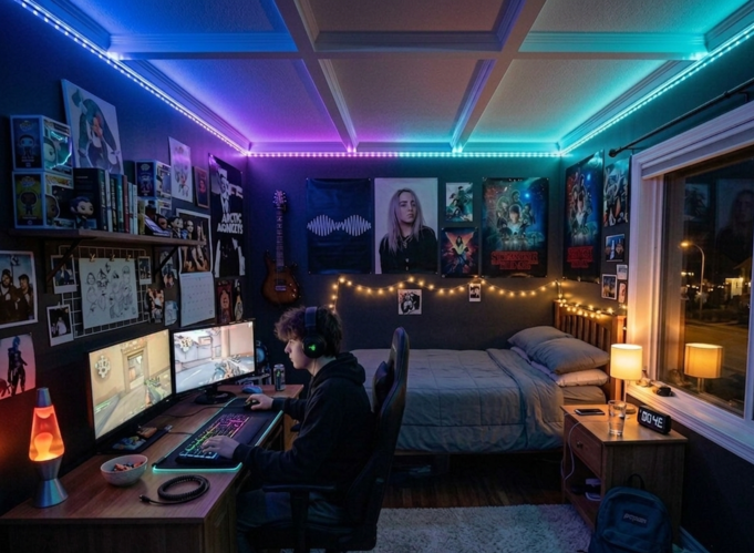 Quarto dos jovens com uma faixa LED no teto